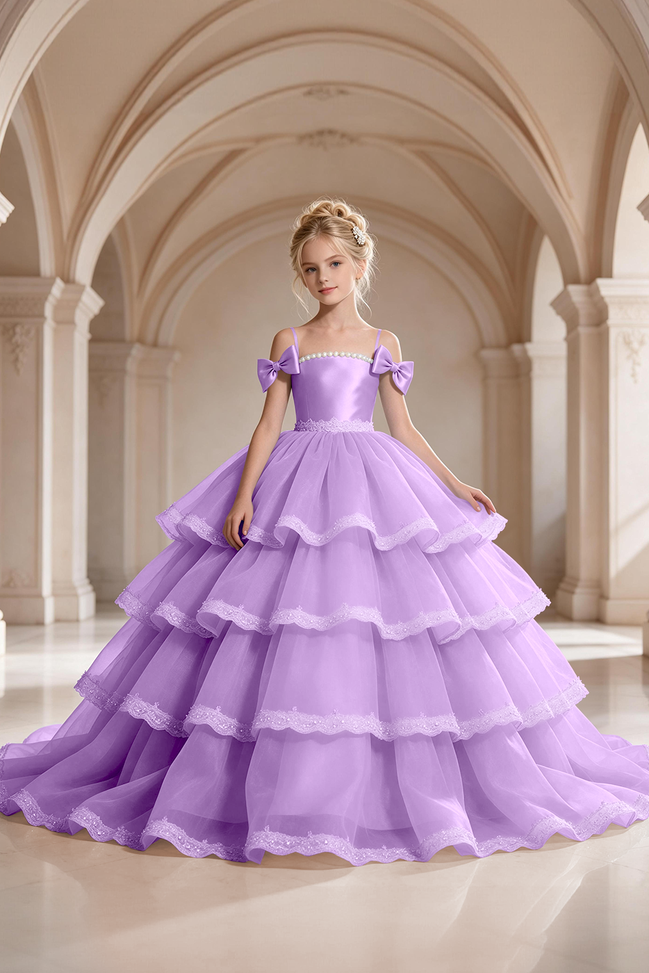 Light Blue Satin Organza Bow Lace Girls Cake  A-Line Dress