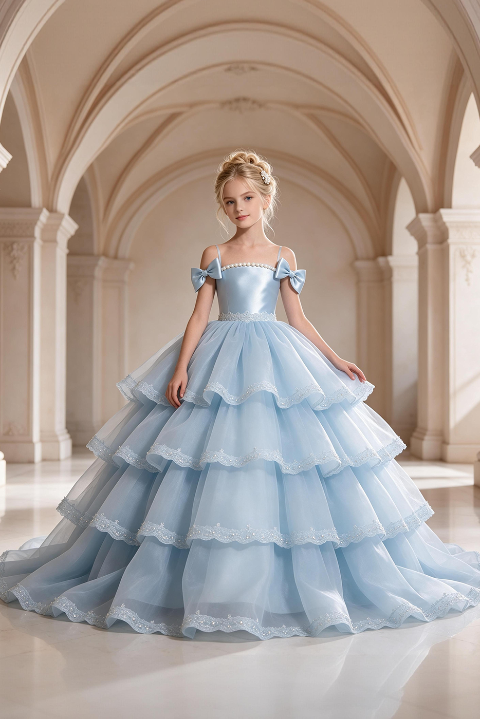 Light Blue Satin Organza Bow Lace Girls Cake  A-Line Dress