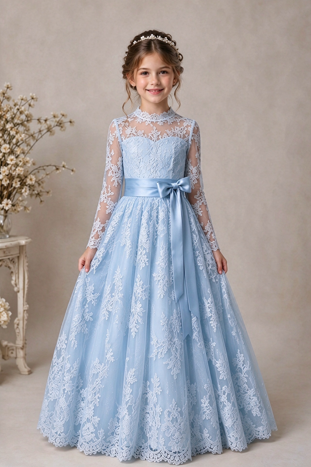 White Lace Long Sleeve Satin Waist Bow Girls A-Line Dress