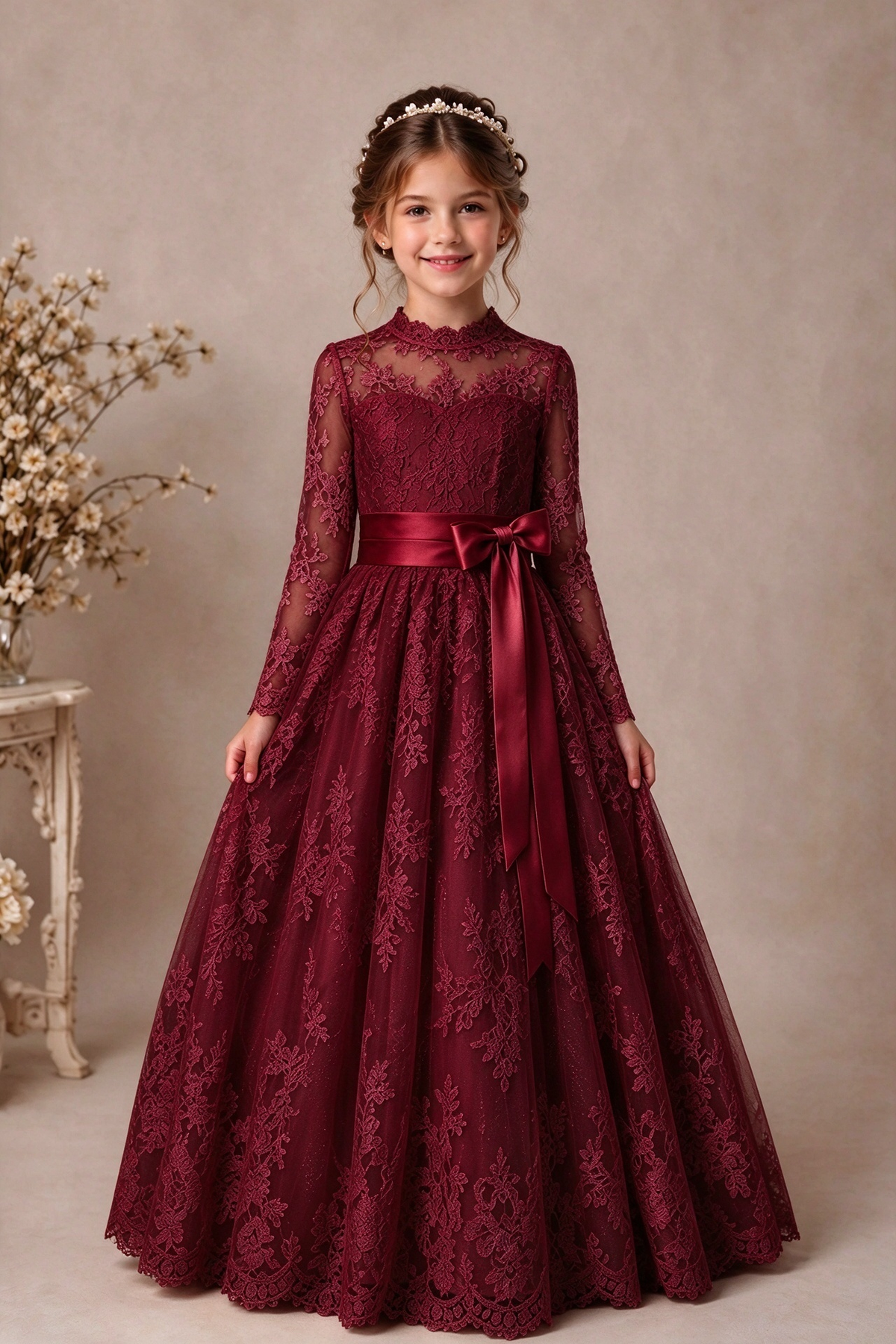 White Lace Long Sleeve Satin Waist Bow Girls A-Line Dress