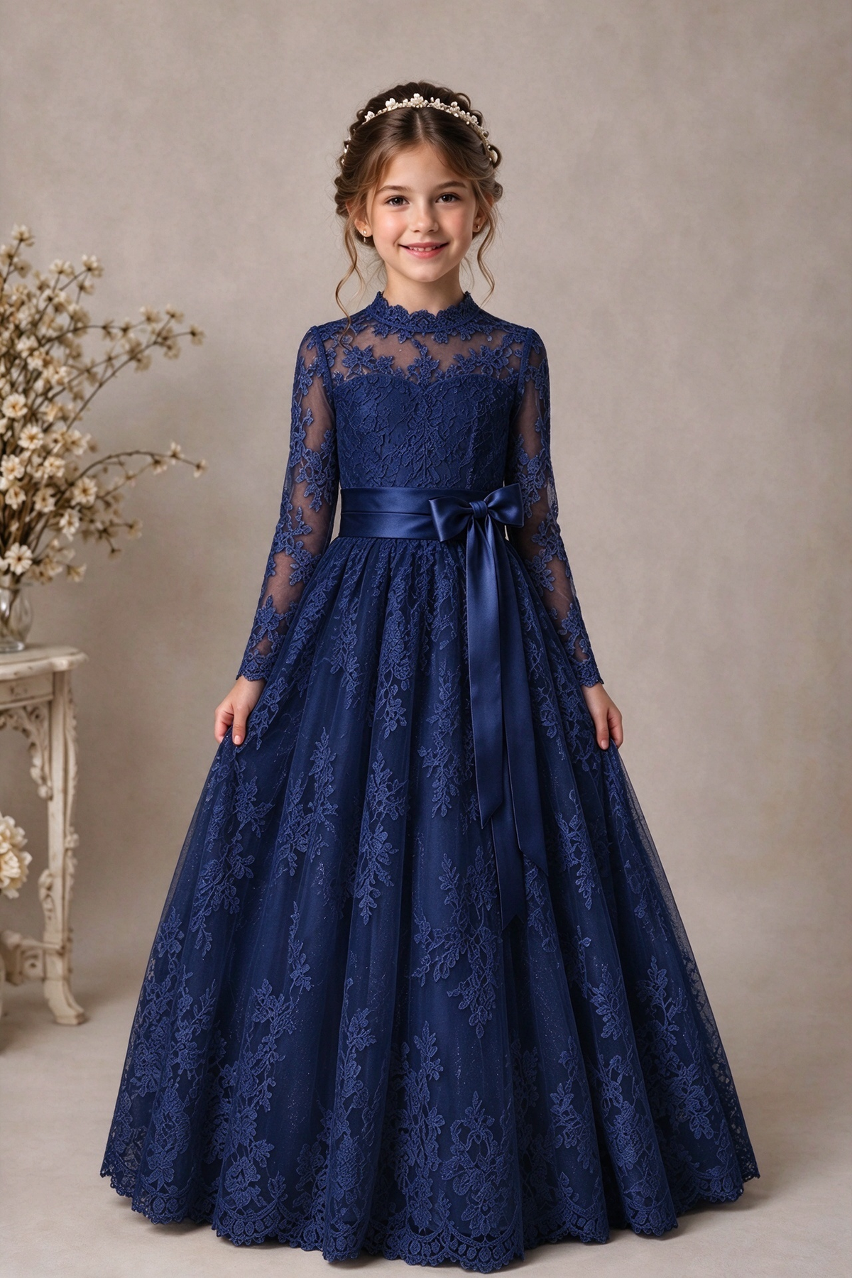 White Lace Long Sleeve Satin Waist Bow Girls A-Line Dress