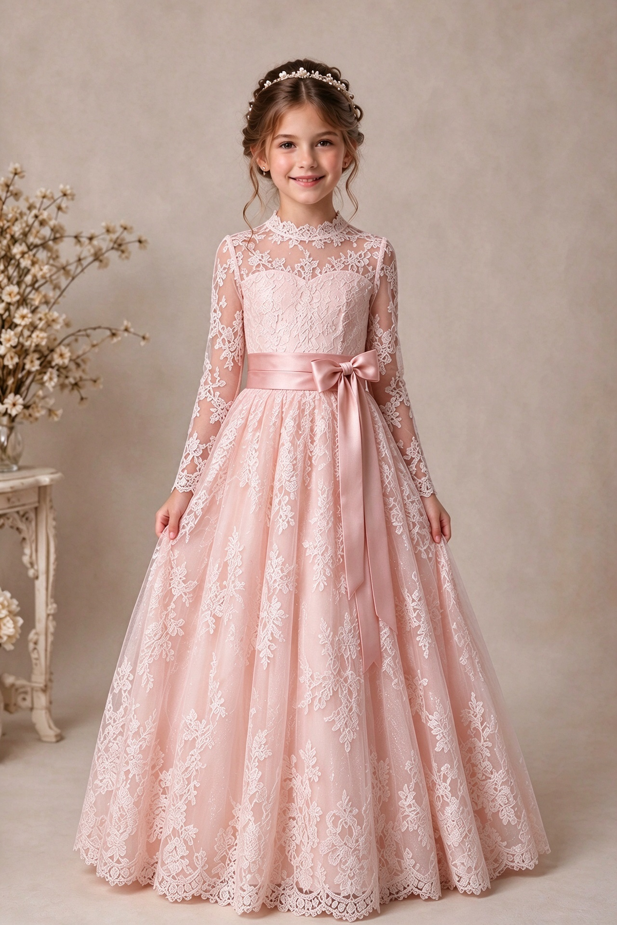 White Lace Long Sleeve Satin Waist Bow Girls A-Line Dress