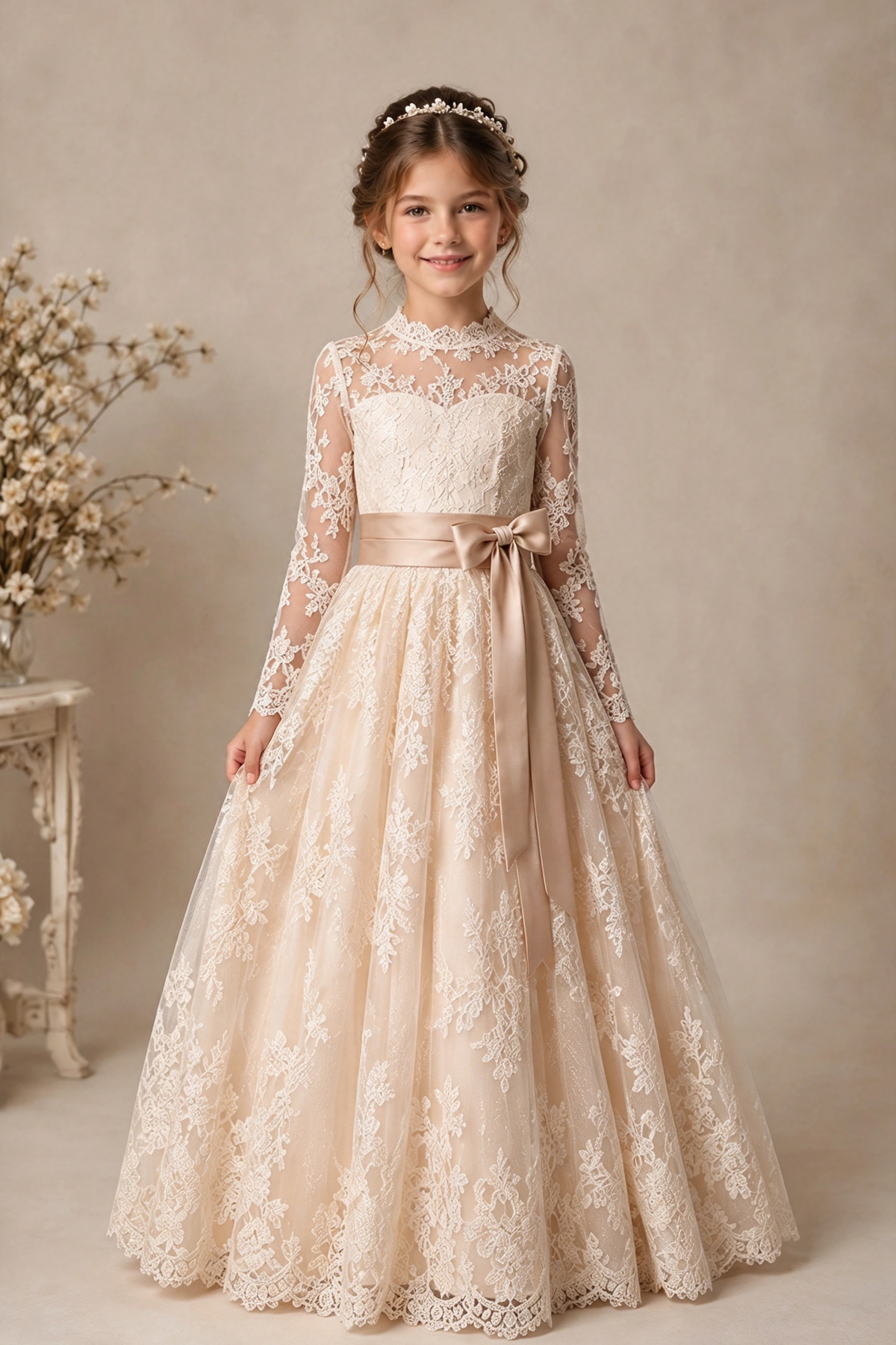 White Lace Long Sleeve Satin Waist Bow Girls A-Line Dress