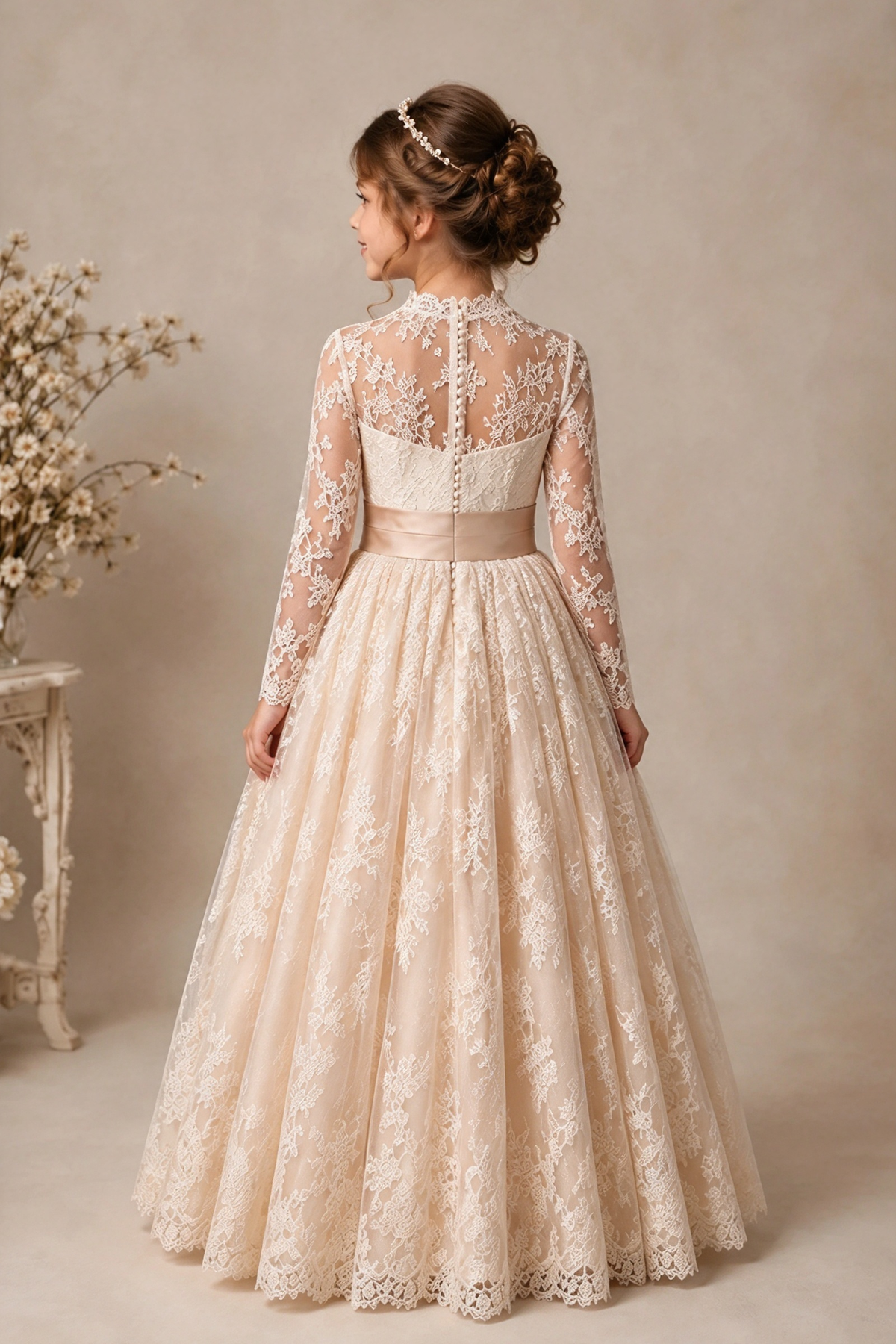 White Lace Long Sleeve Satin Waist Bow Girls A-Line Dress