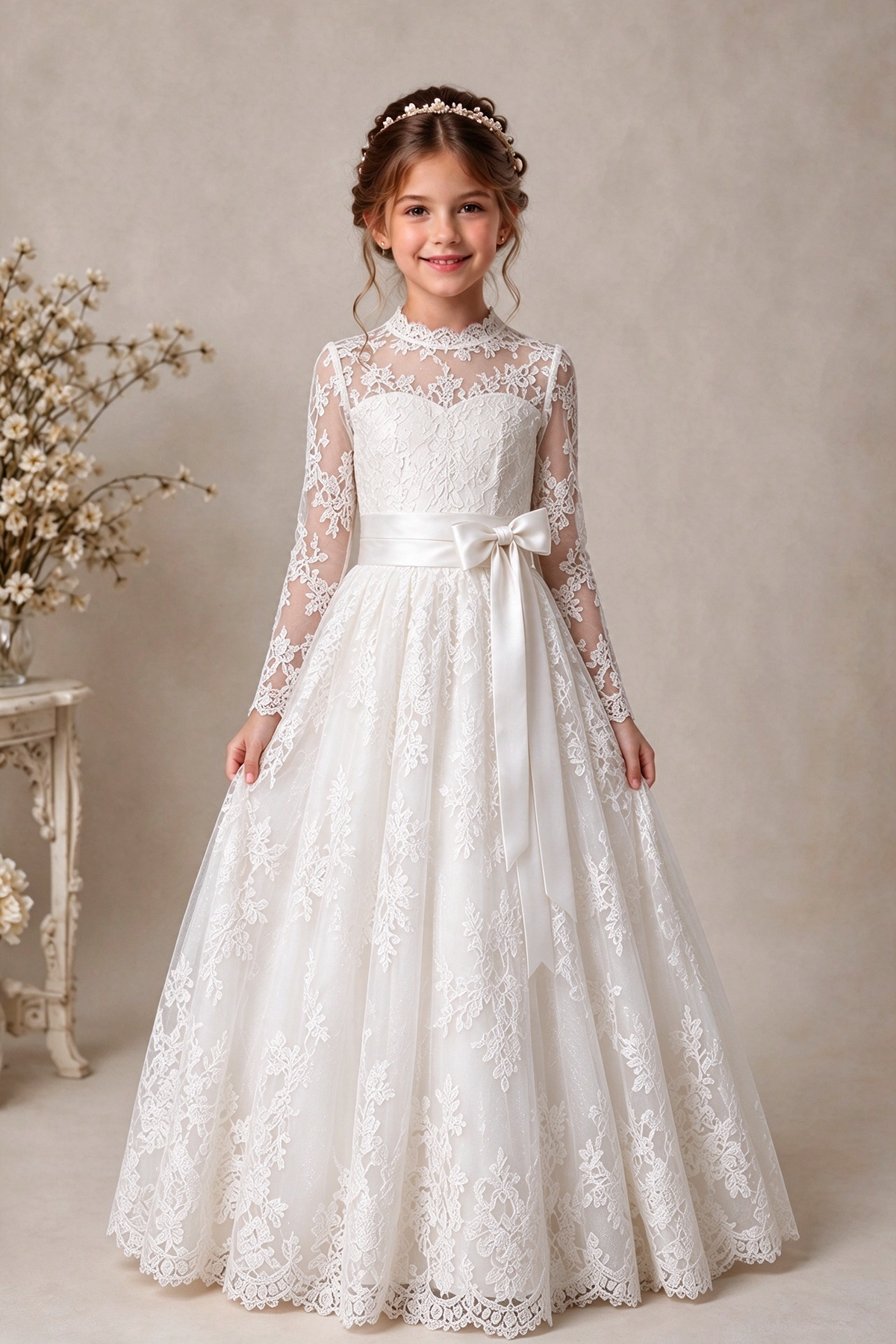 White Lace Long Sleeve Satin Waist Bow Girls A-Line Dress
