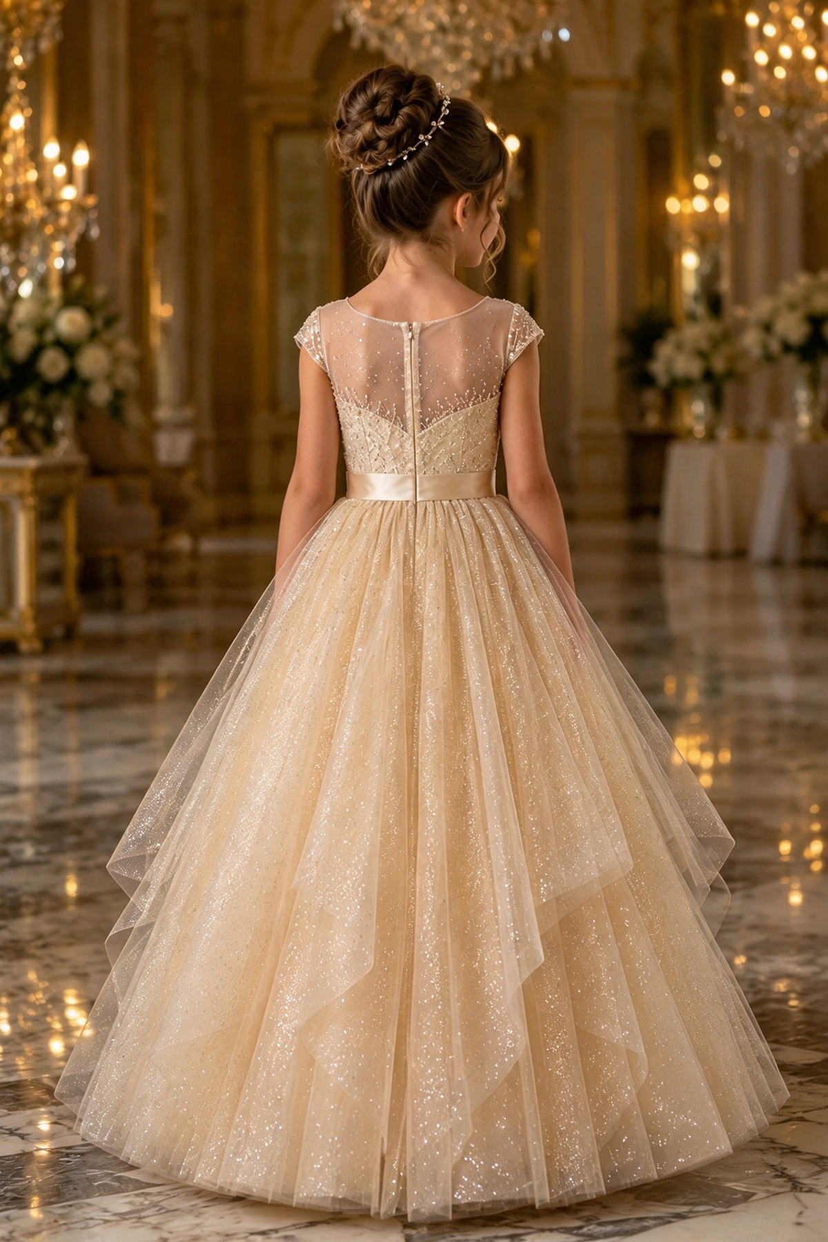 Champagne Glitter Tulle Girls Round Neck Layered A-Line Dress