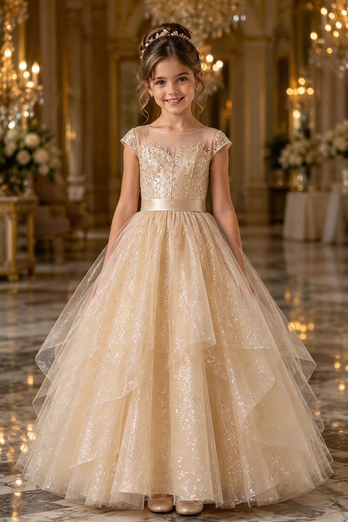 Champagne Glitter Tulle Girls Round Neck Layered A-Line Dress