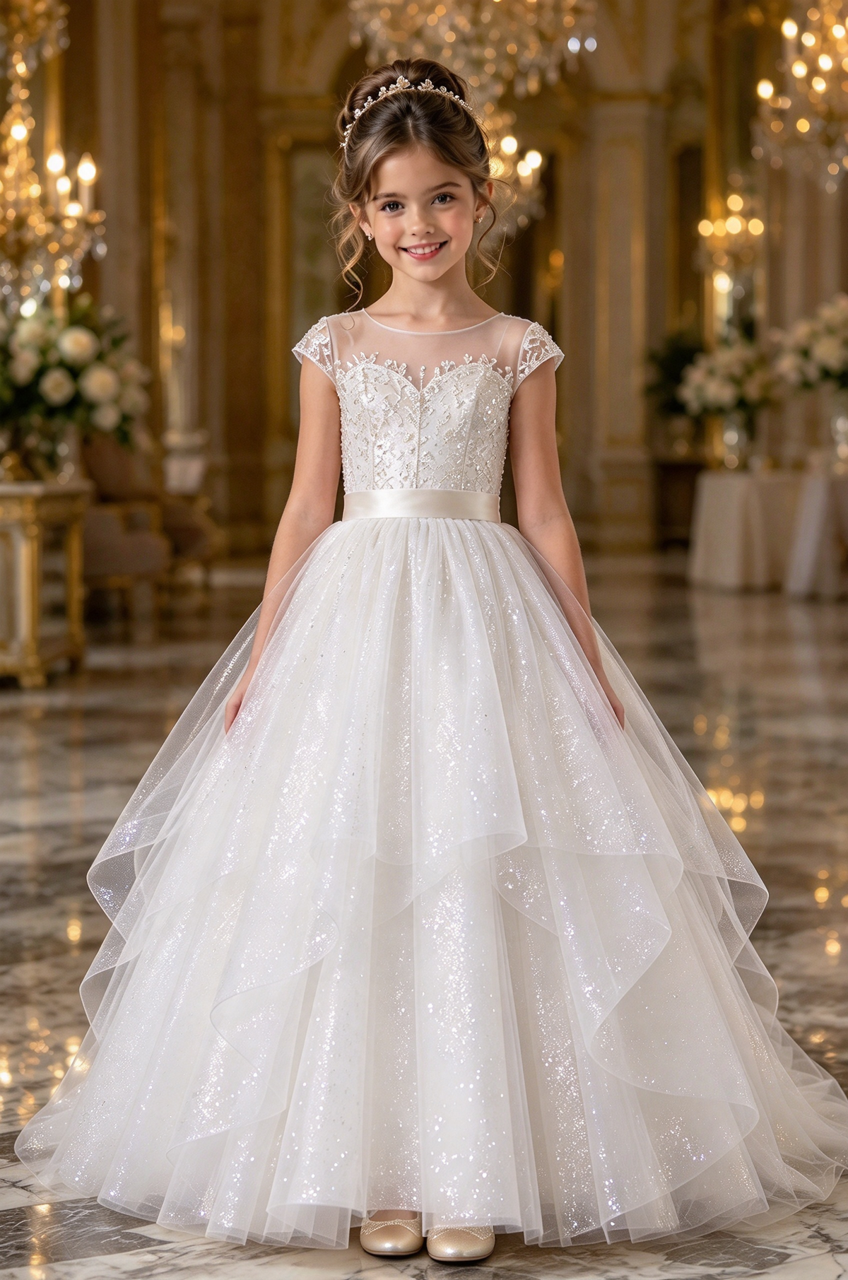 Champagne Glitter Tulle Girls Round Neck Layered A-Line Dress
