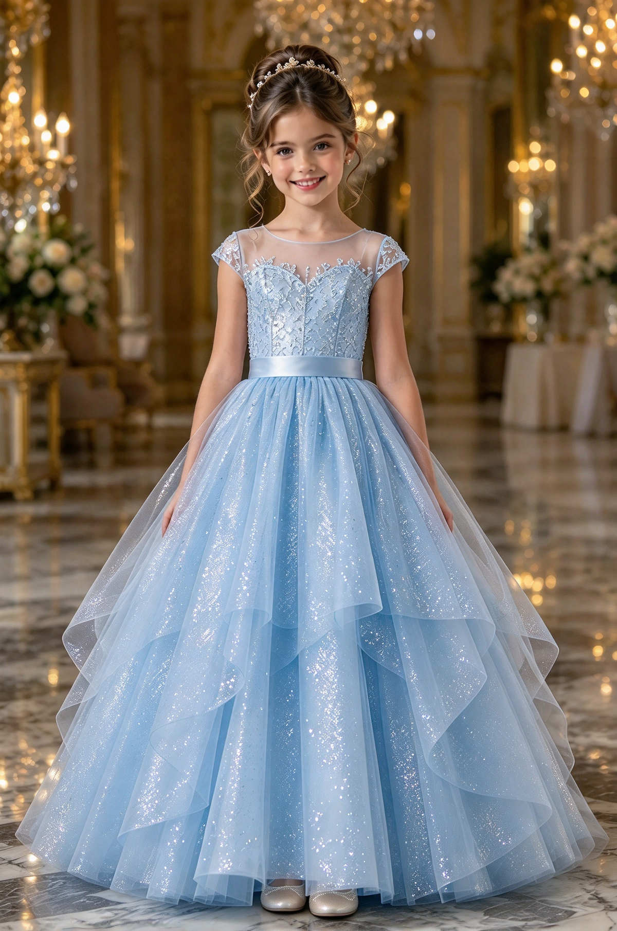 Champagne Glitter Tulle Girls Round Neck Layered A-Line Dress