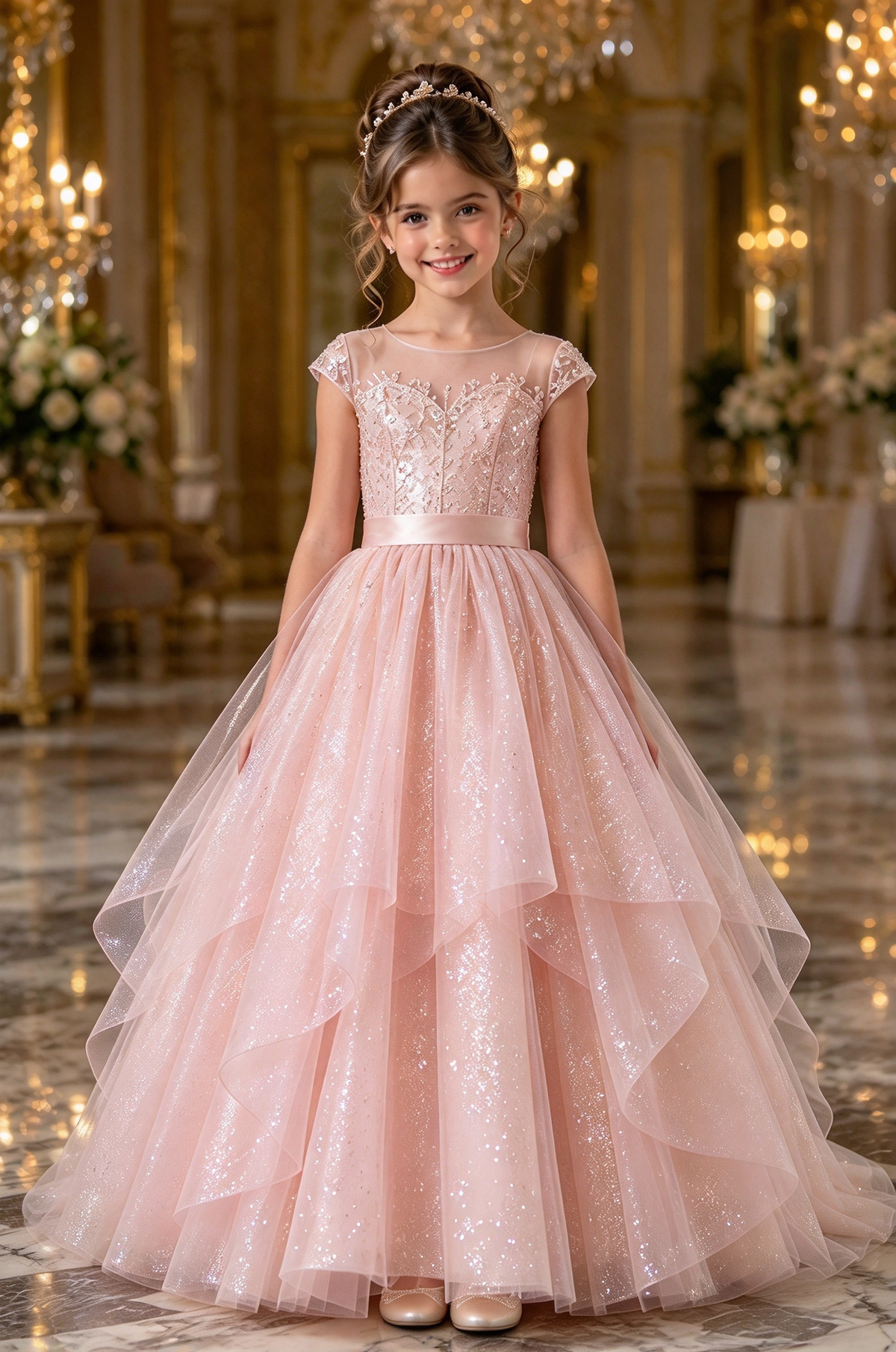 Champagne Glitter Tulle Girls Round Neck Layered A-Line Dress