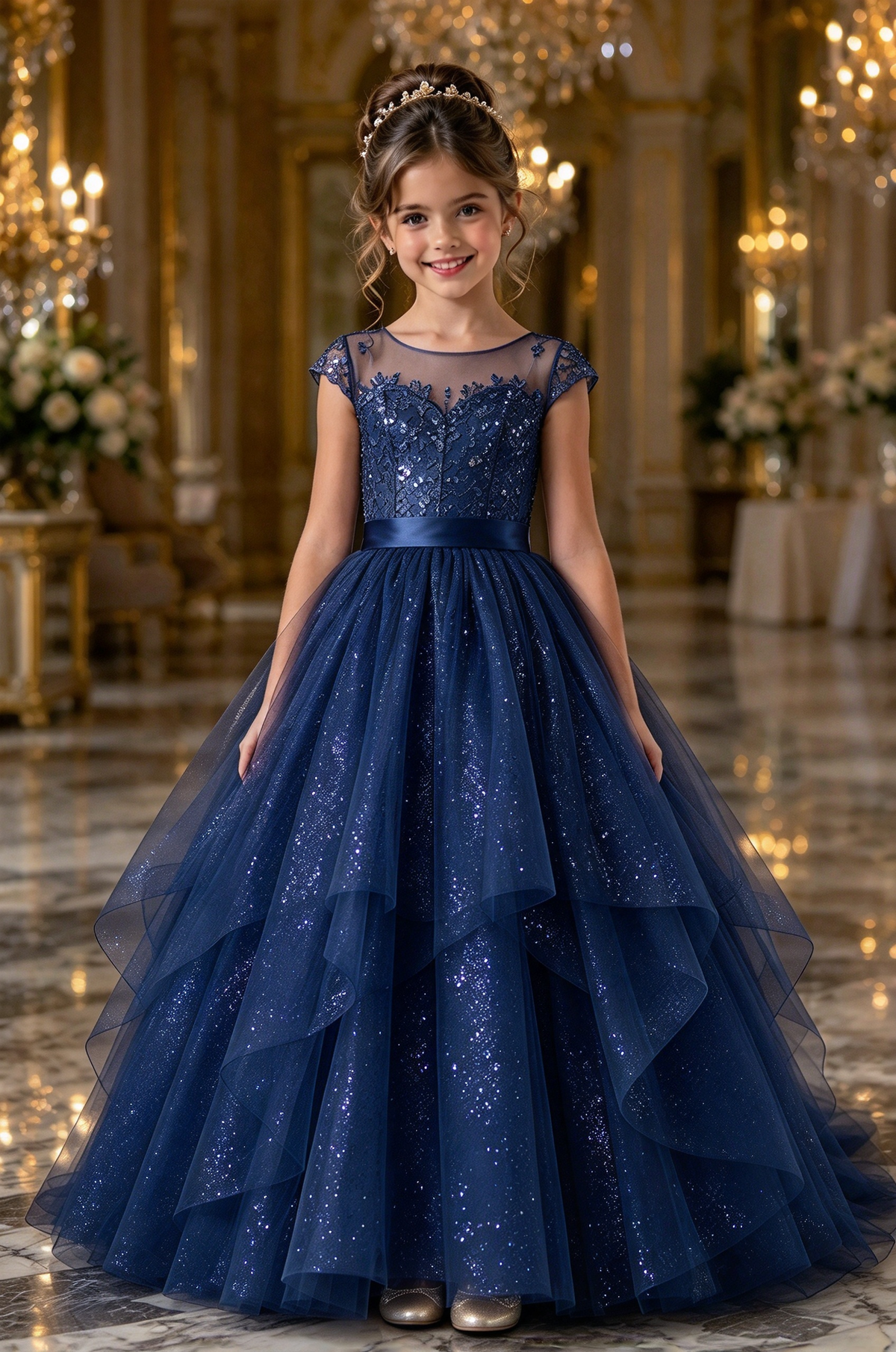 Champagne Glitter Tulle Girls Round Neck Layered A-Line Dress