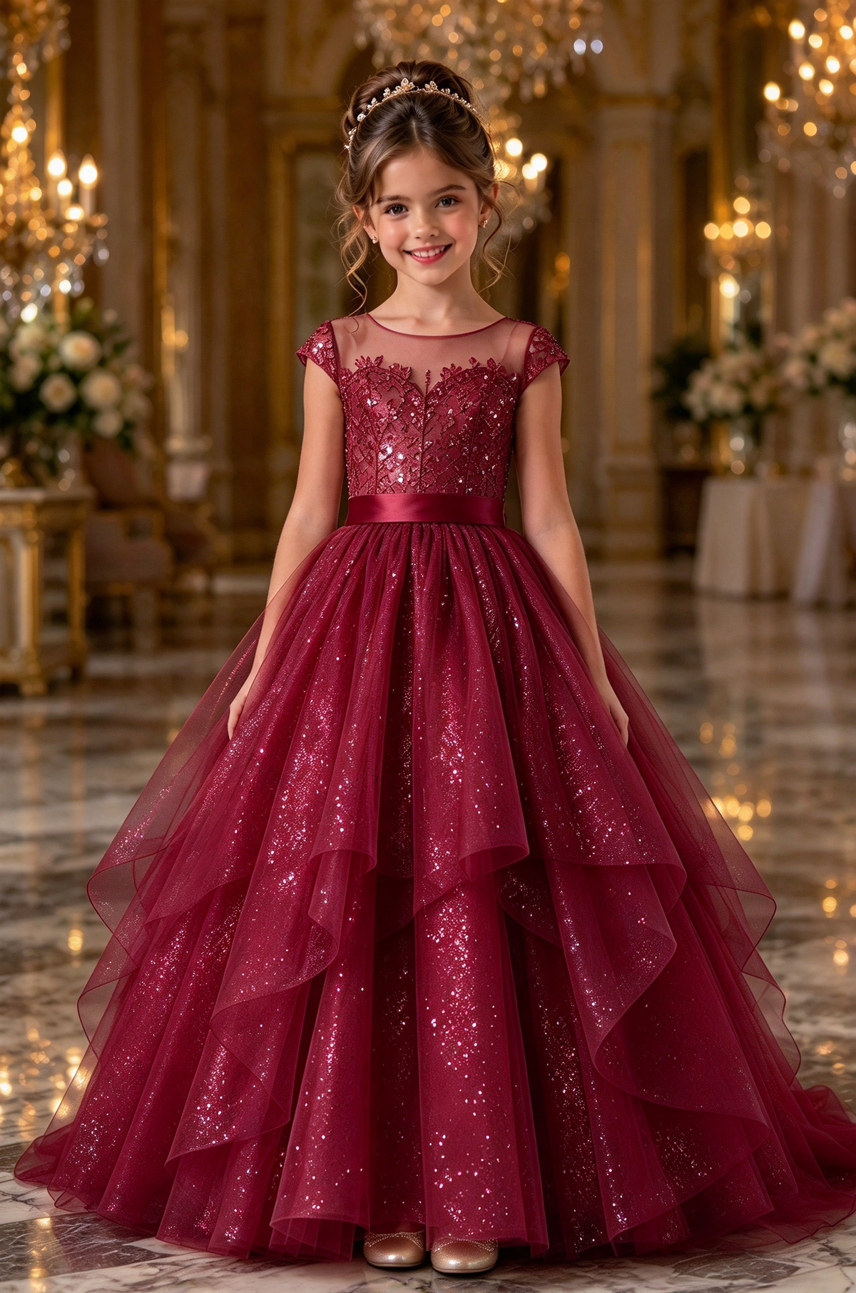 Champagne Glitter Tulle Girls Round Neck Layered A-Line Dress