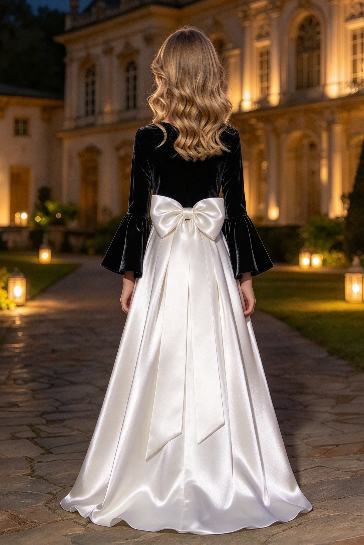 Black Velvet Bell Sleeve Contrast White Satin Back Bow  A-Line Dress