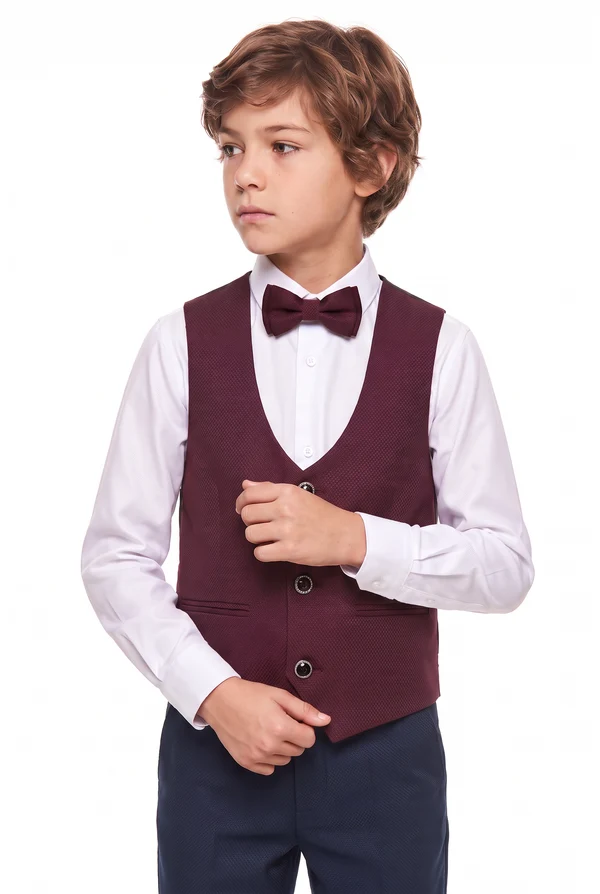 Burgundy & Navy Single Breasted Tuxedo Boys 3 Piece Suit Set