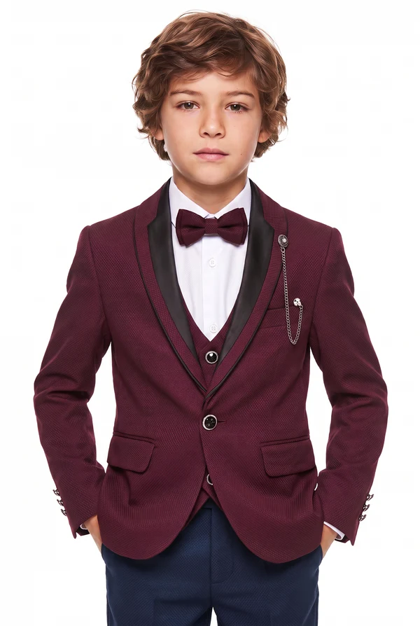 Burgundy & Navy Single Breasted Tuxedo Boys 3 Piece Suit Set