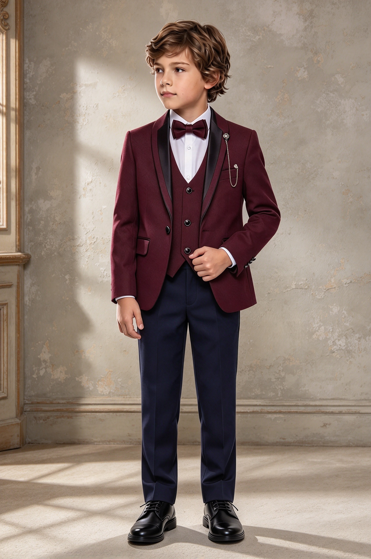 Burgundy & Navy Single Breasted Tuxedo Boys 3 Piece Suit Set