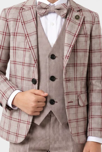Taupe & Red Plaid Single Breasted Boys 3 Piece Suit Set