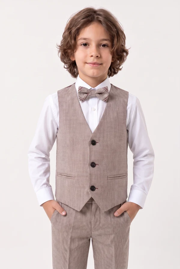 Taupe & Red Plaid Single Breasted Boys 3 Piece Suit Set