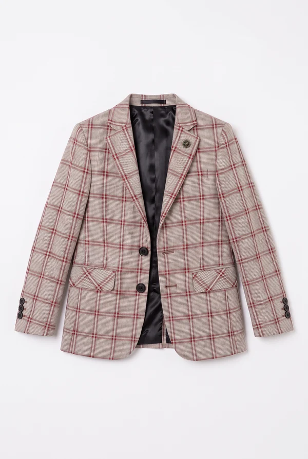 Taupe & Red Plaid Single Breasted Boys 3 Piece Suit Set