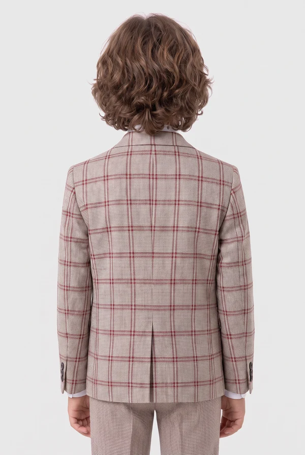 Taupe & Red Plaid Single Breasted Boys 3 Piece Suit Set