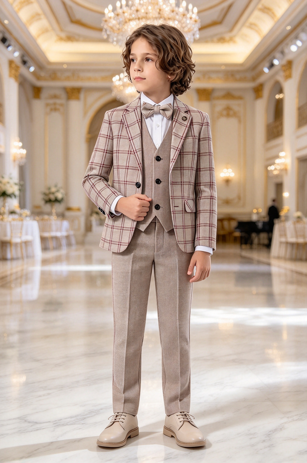 Taupe & Red Plaid Single Breasted Boys 3 Piece Suit Set