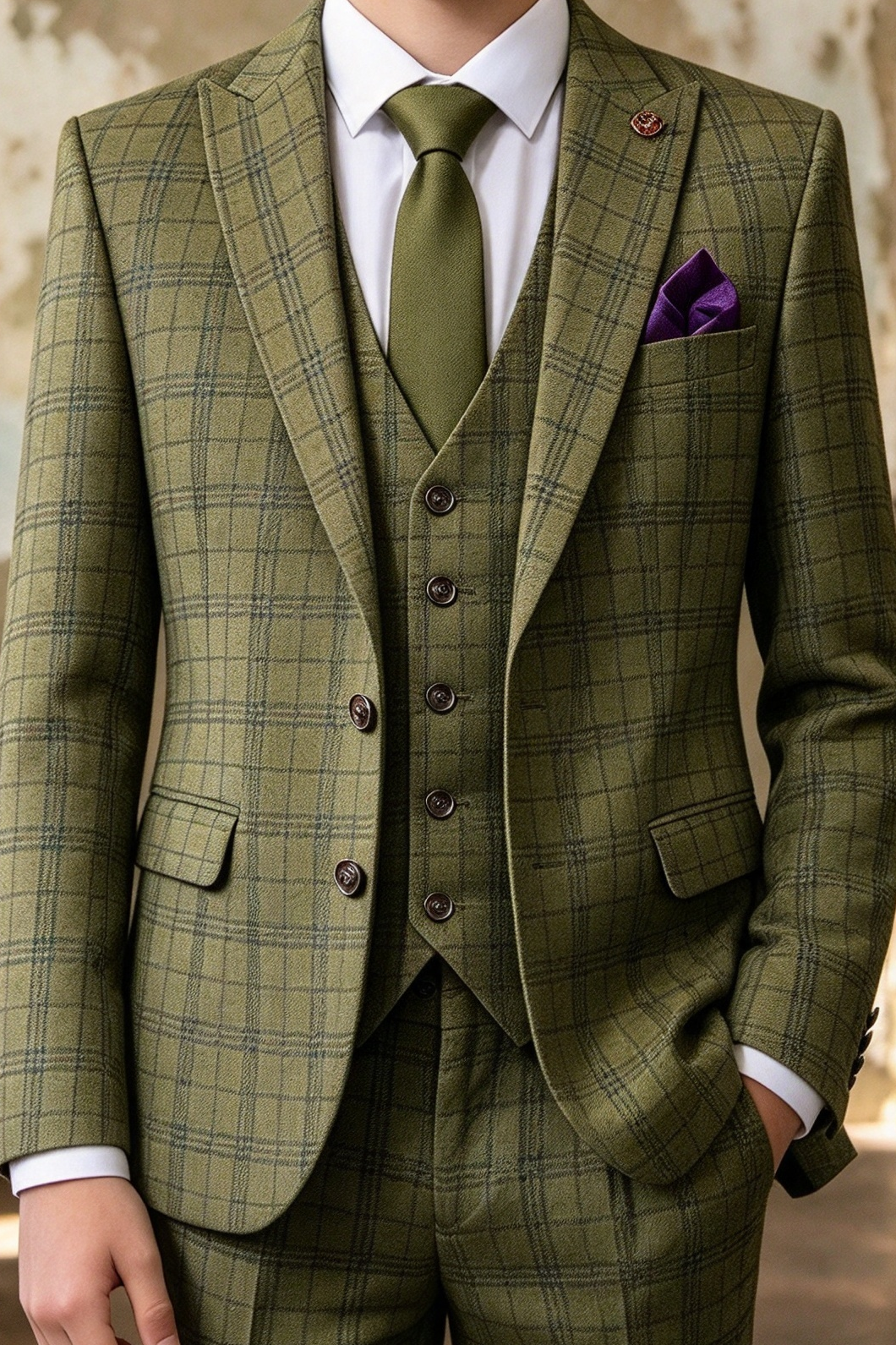 Olive Green Plaid Single Breasted Formal Boys 3 Piece Suit Set