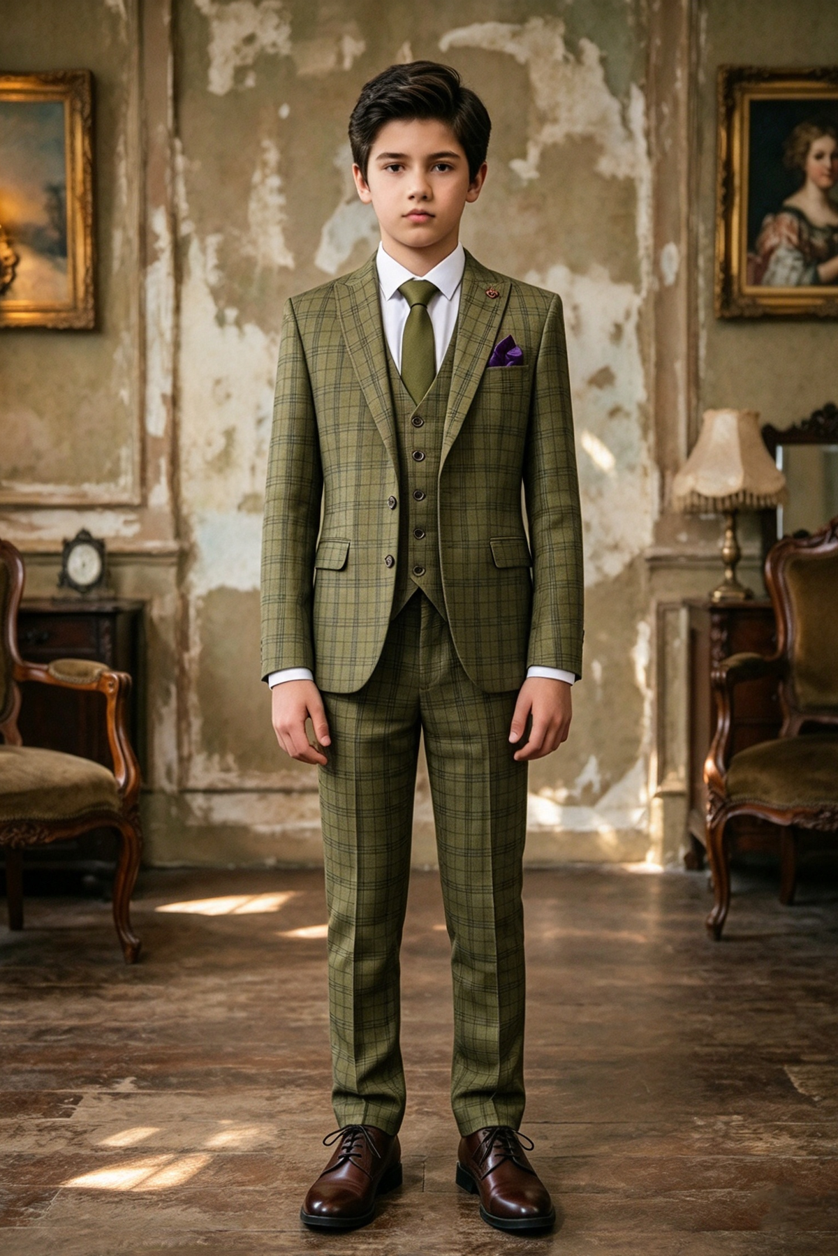 Olive Green Plaid Single Breasted Formal Boys 3 Piece Suit Set