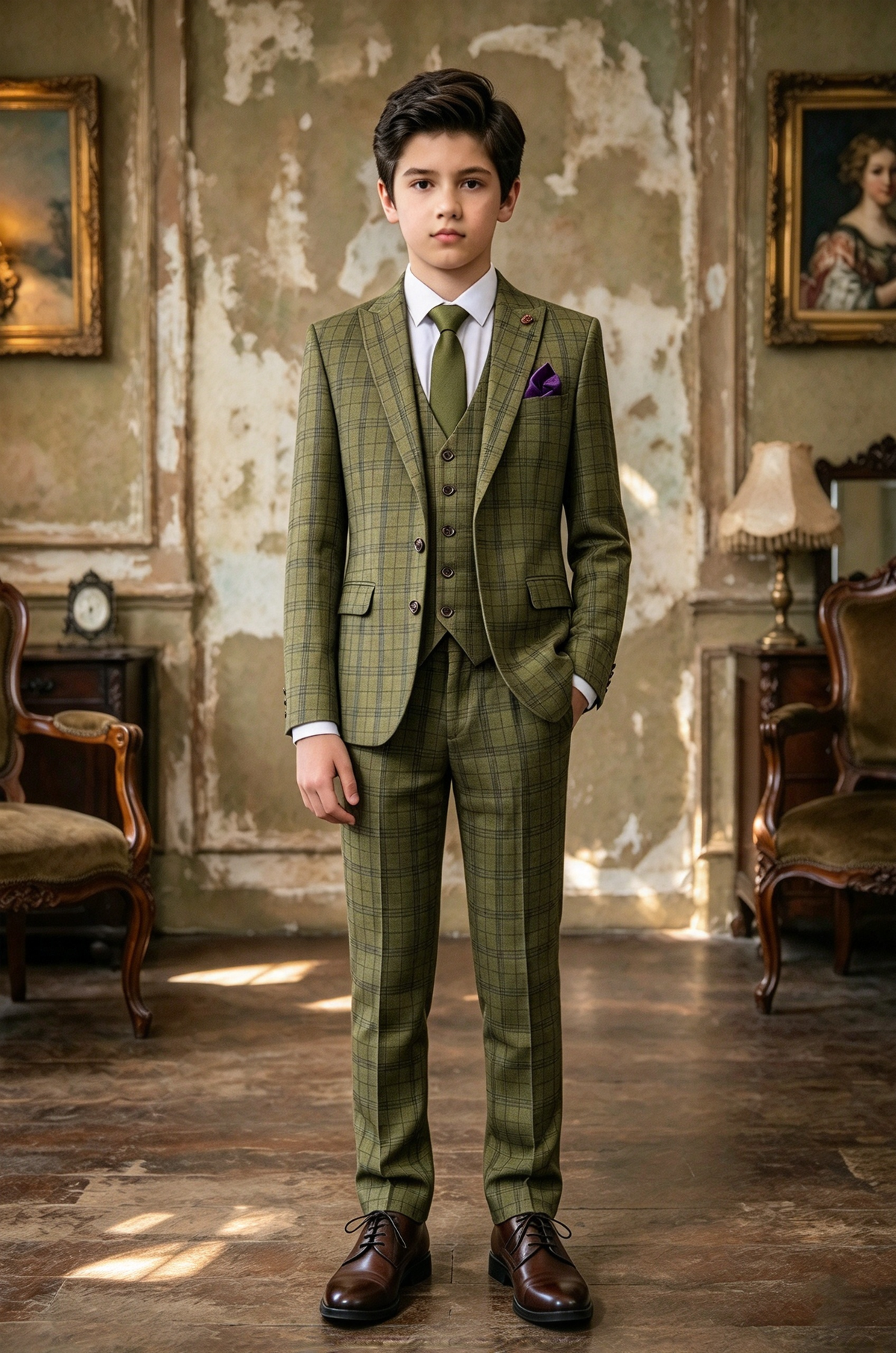Olive Green Plaid Single Breasted Formal Boys 3 Piece Suit Set