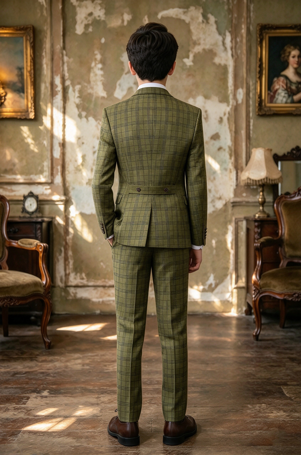Olive Green Plaid Single Breasted Formal Boys 3 Piece Suit Set