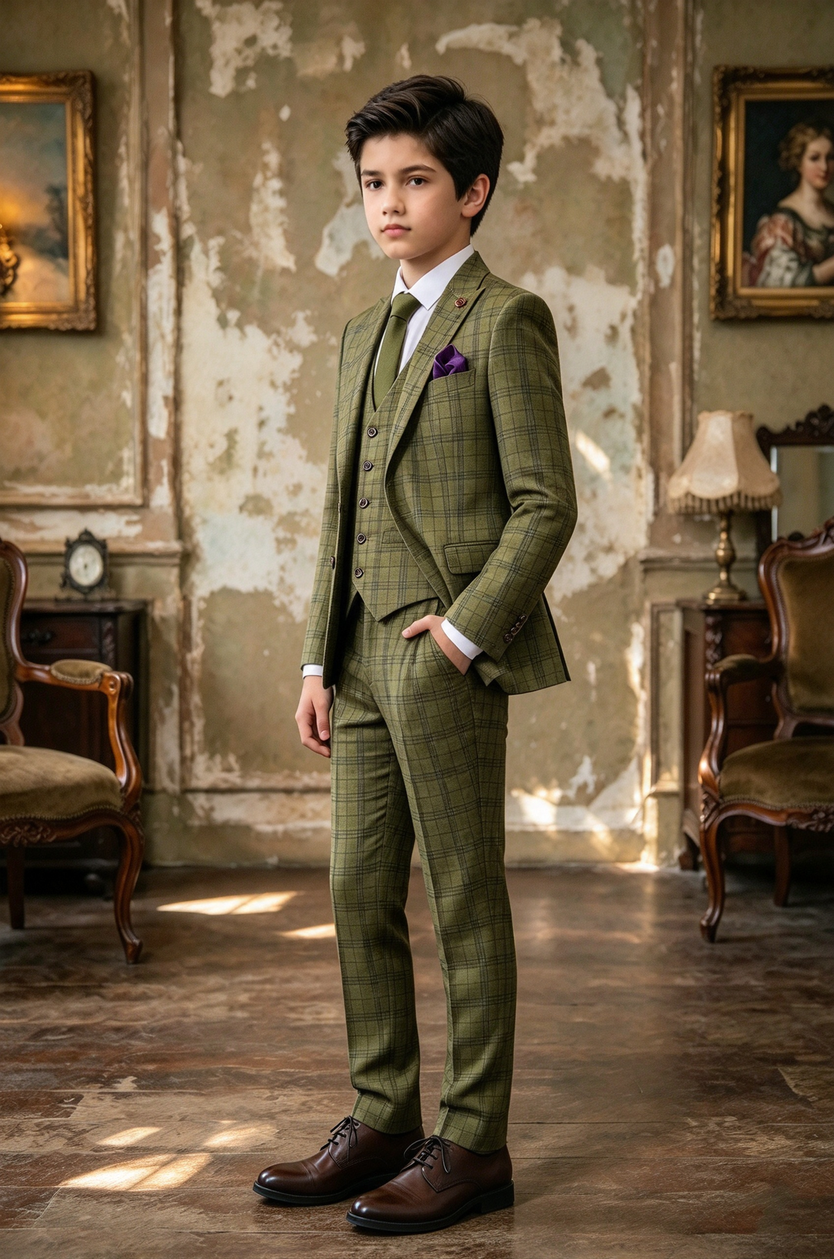 Olive Green Plaid Single Breasted Formal Boys 3 Piece Suit Set