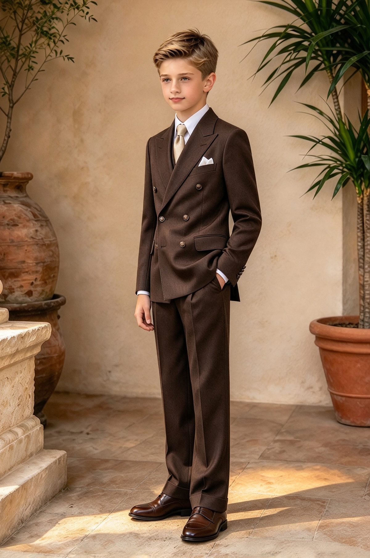 Dark Brown Boys Double Breasted 2 Piece Suit