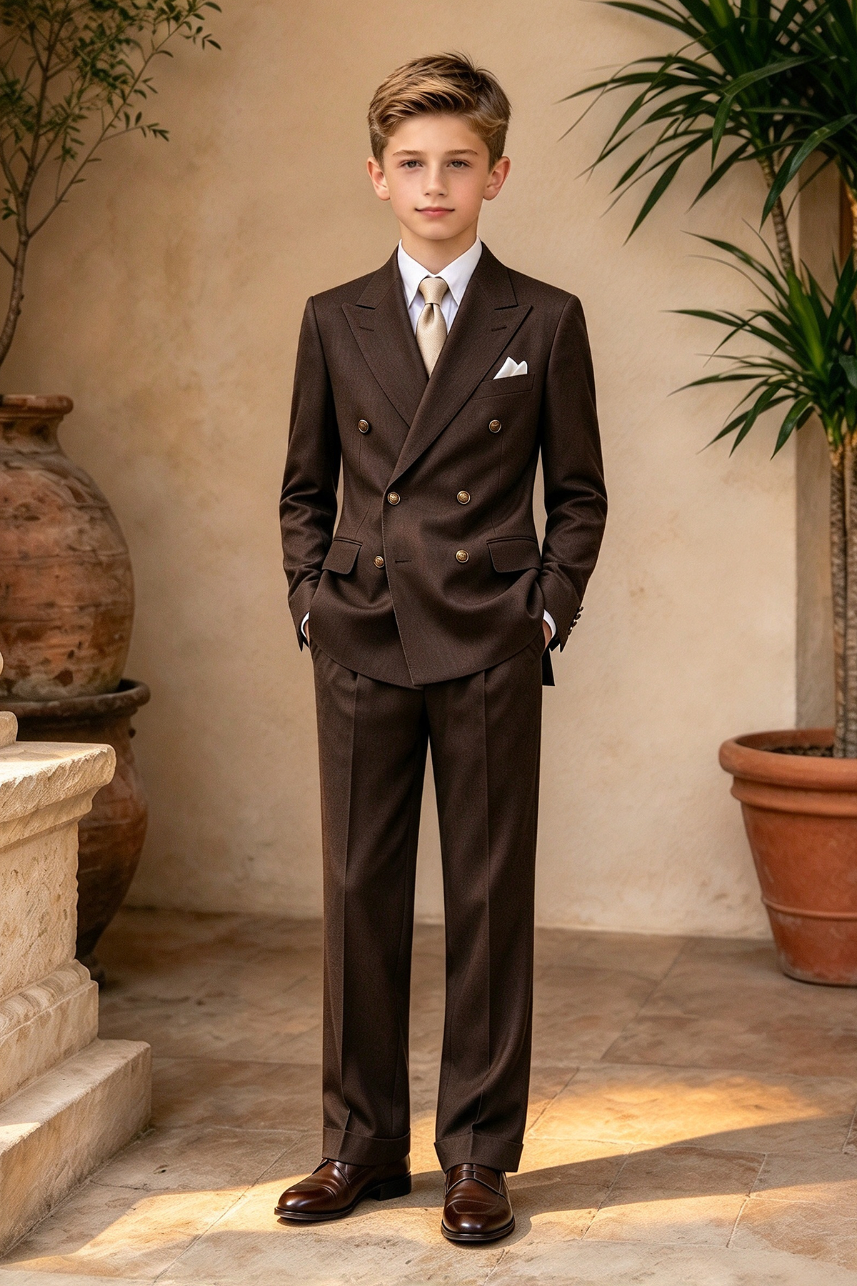 Dark Brown Boys Double Breasted 2 Piece Suit