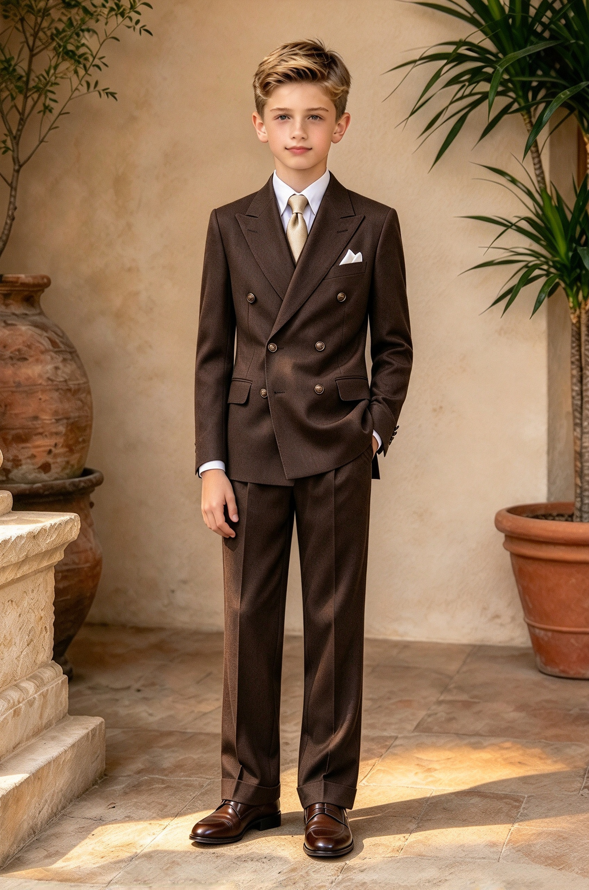 Dark Brown Boys Double Breasted 2 Piece Suit