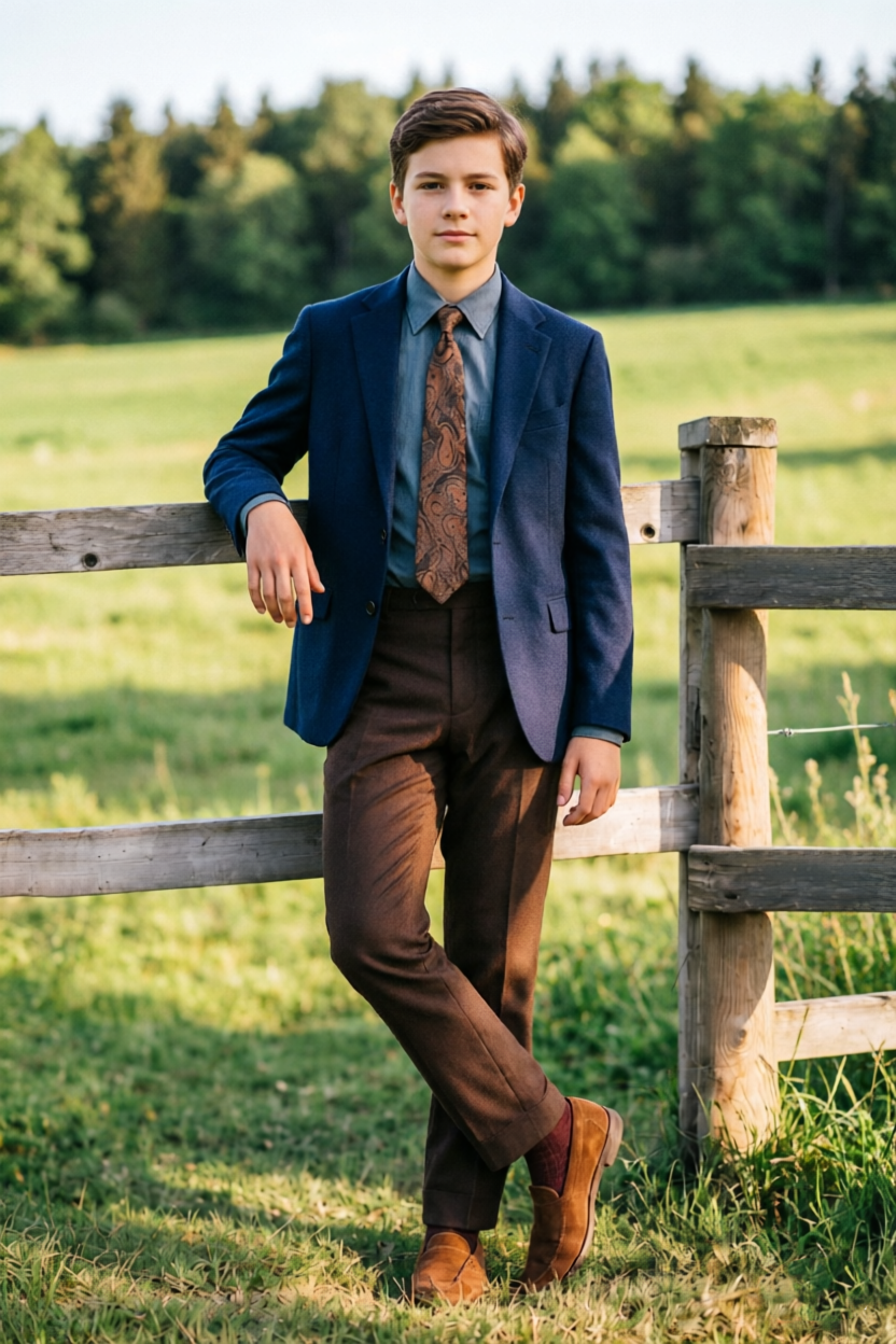 Navy & Dark Brown Heavyweight Single Breasted Formal Boys 2 Piece Suit Set