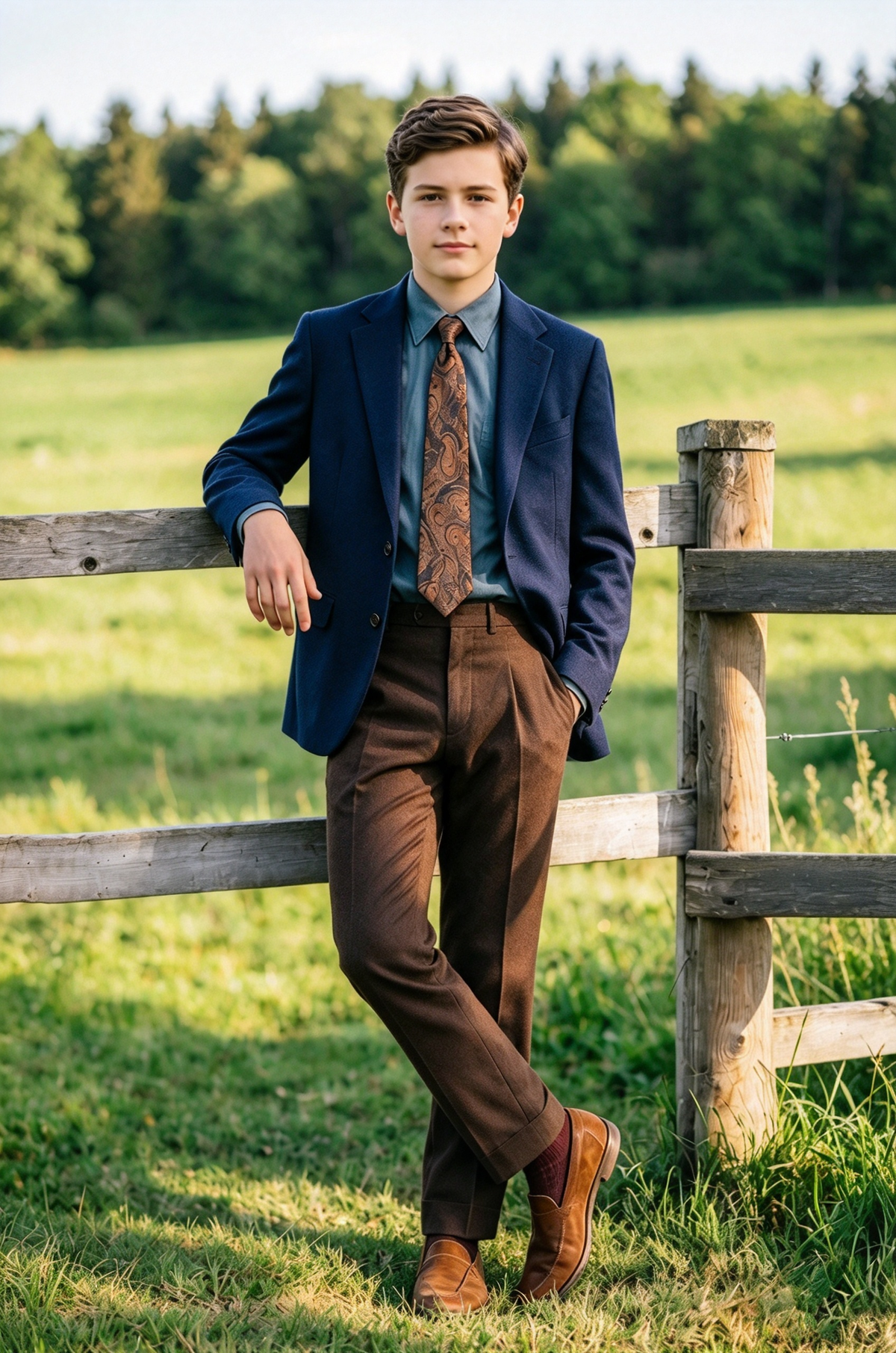 Navy & Dark Brown Heavyweight Single Breasted Formal Boys 2 Piece Suit Set