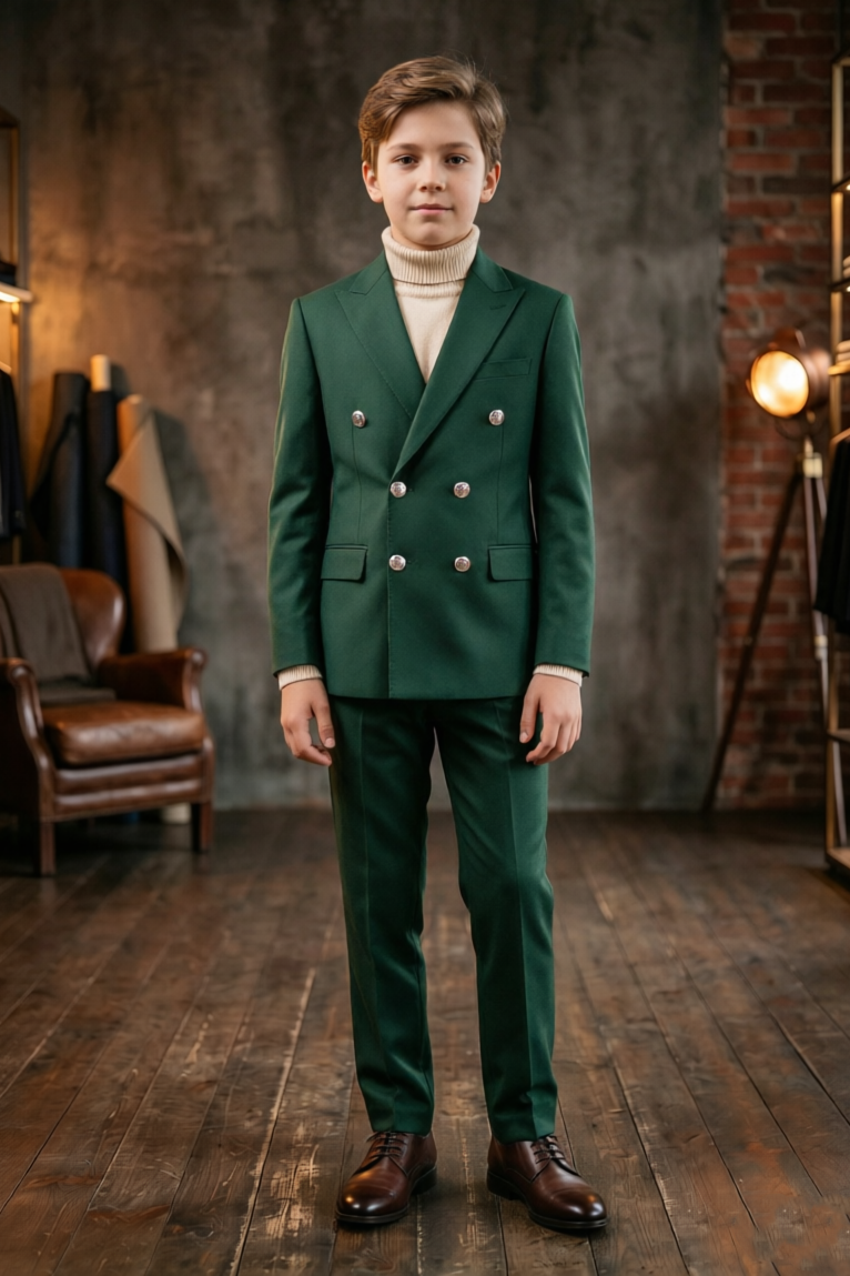 Dark Green Boys Double Breasted 2 Piece Suit