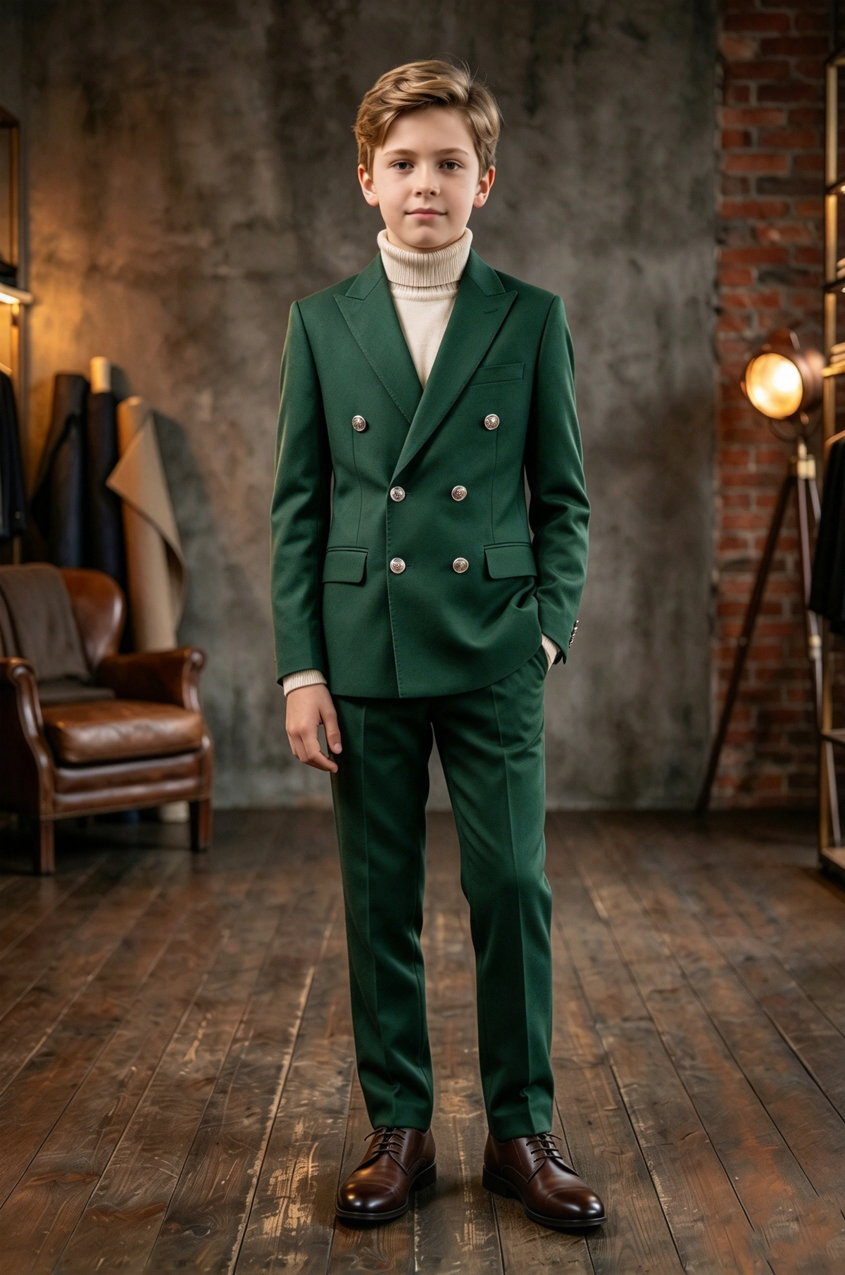 Dark Green Boys Double Breasted 2 Piece Suit