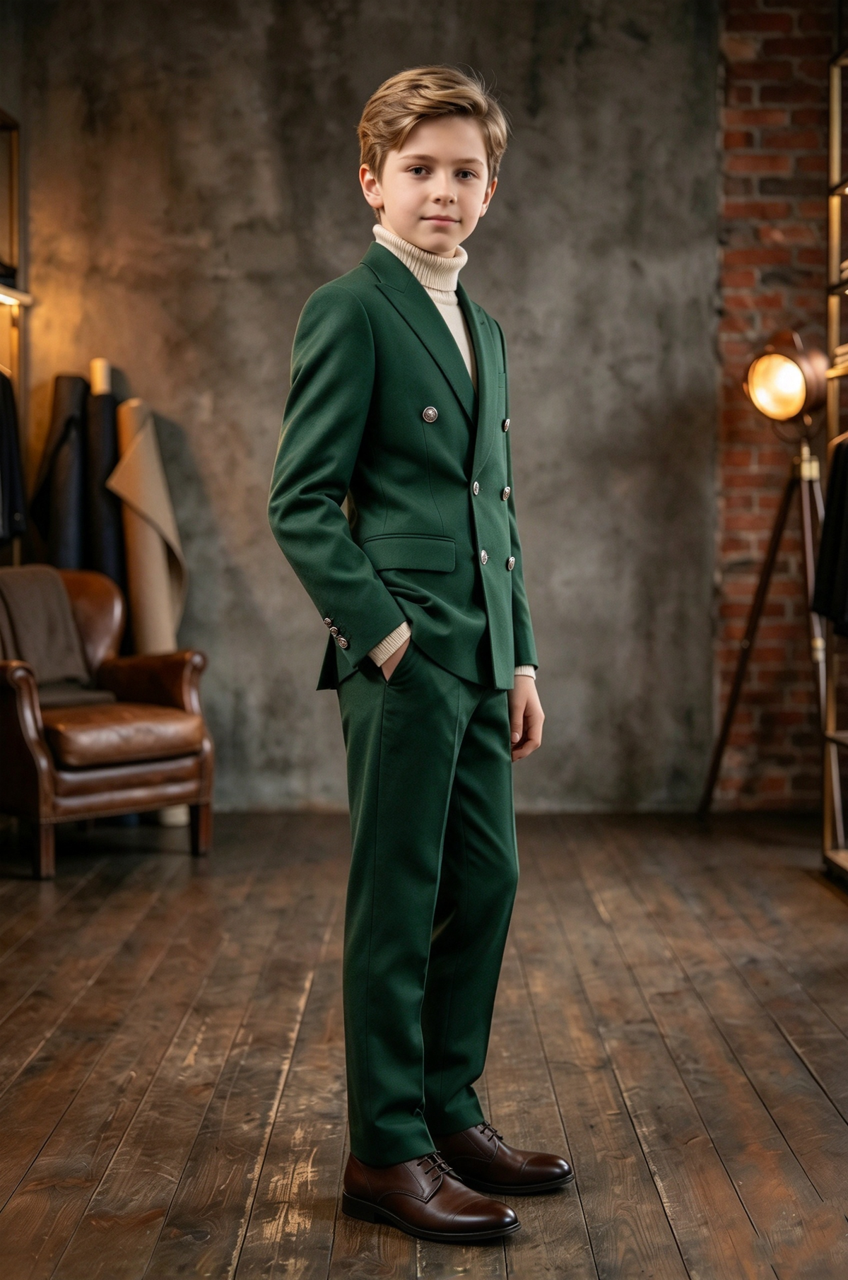 Dark Green Boys Double Breasted 2 Piece Suit