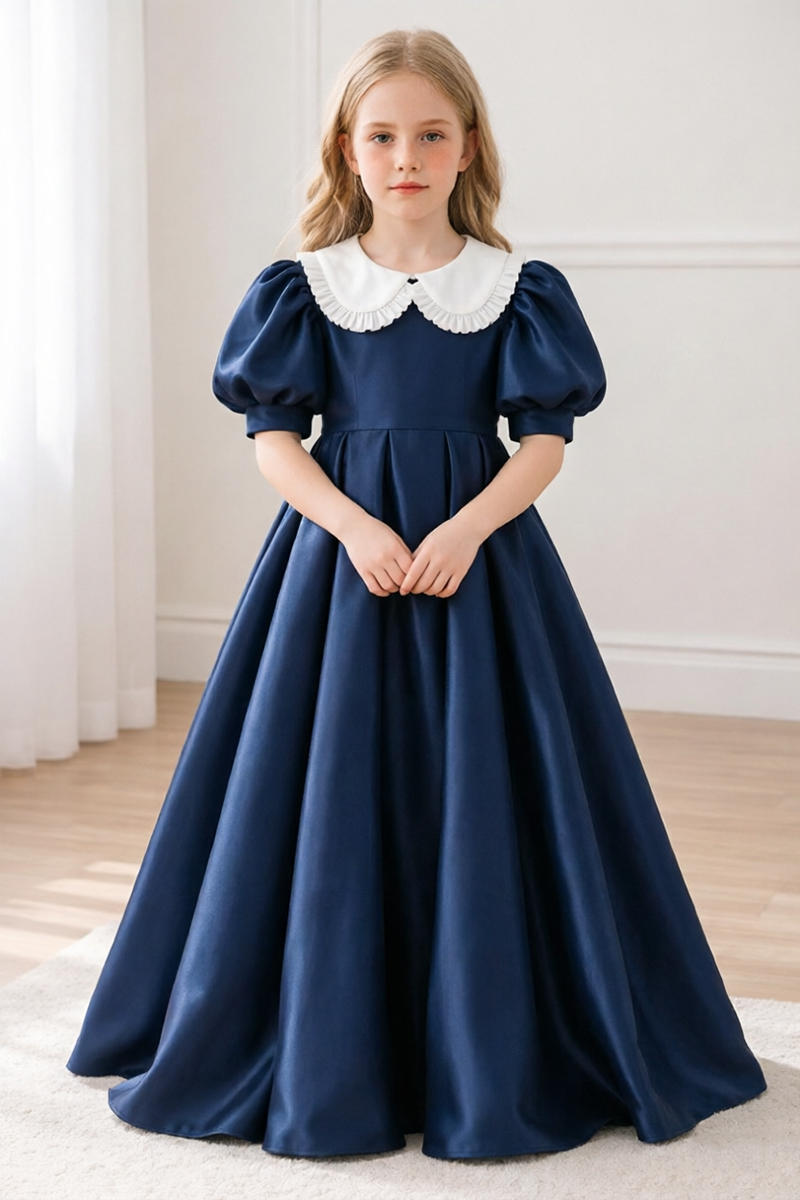 Girls Navy Velvet Midi Dress