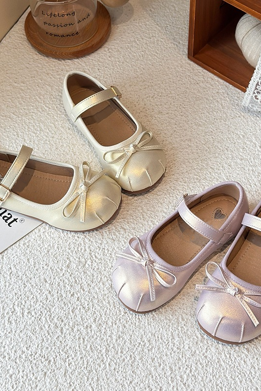 Pearlescent Pink Bow PU Girls Mary Jane Princess Shoes