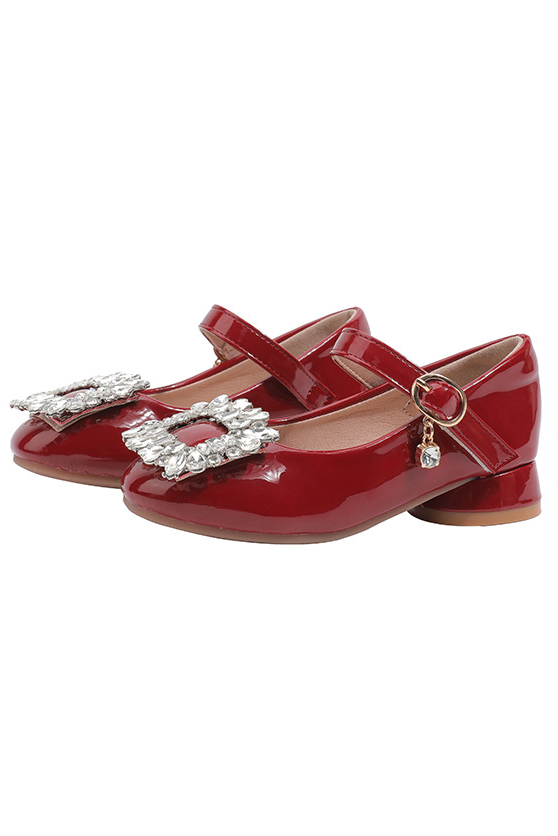 Wine Red PU Girls Square Rhinestone Low Heel Princess Shoes