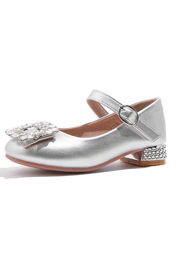 Wine Red PU Girls Square Rhinestone Low Heel Princess Shoes
