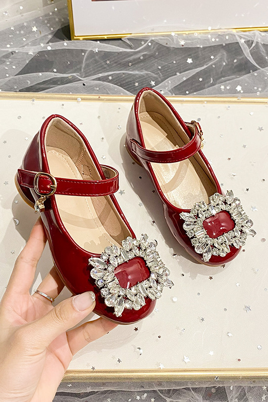 Wine Red PU Girls Square Rhinestone Low Heel Princess Shoes
