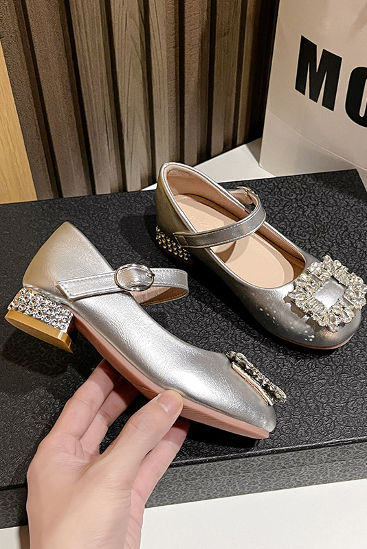 Wine Red PU Girls Square Rhinestone Low Heel Princess Shoes