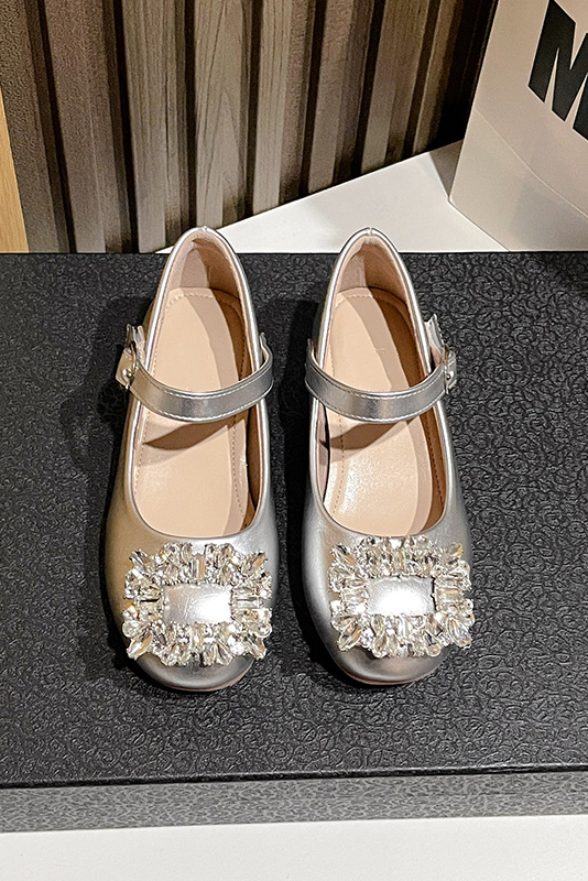 Wine Red PU Girls Square Rhinestone Low Heel Princess Shoes