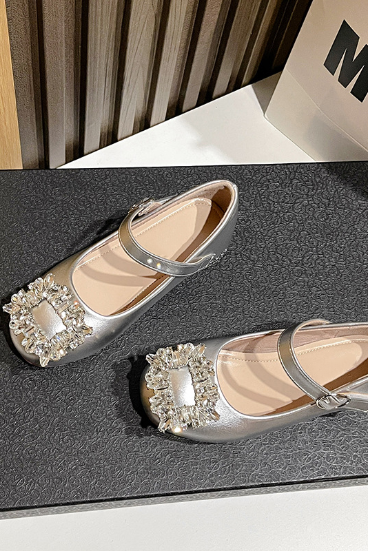 Wine Red PU Girls Square Rhinestone Low Heel Princess Shoes