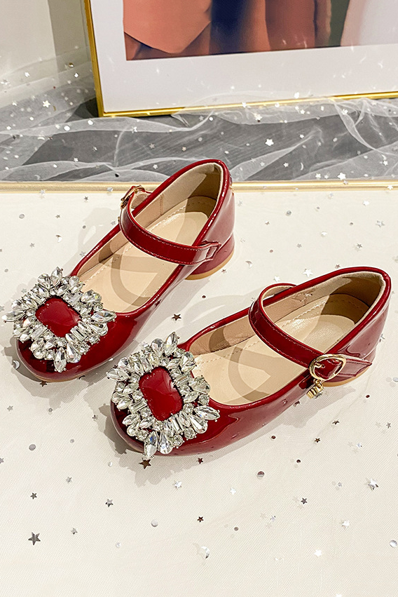 Wine Red PU Girls Square Rhinestone Low Heel Princess Shoes