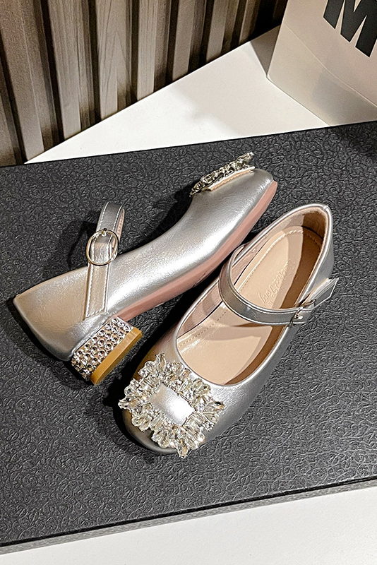 Wine Red PU Girls Square Rhinestone Low Heel Princess Shoes