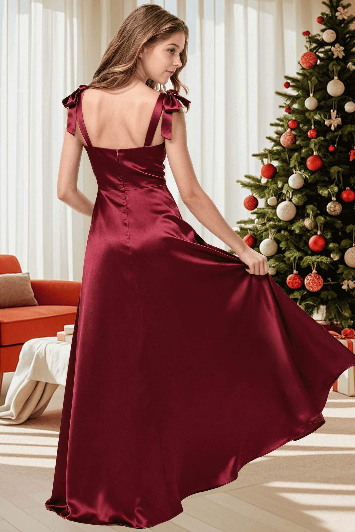 Wine Red Satin Bow Strap A-Line Formal Girls Maxi Dress