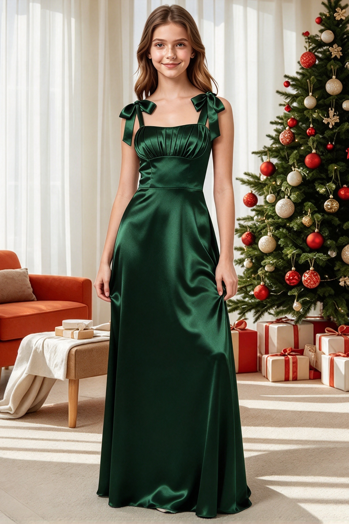 Wine Red Satin Bow Strap A-Line Formal Girls Maxi Dress
